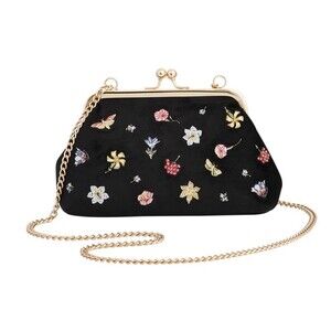 Fable Kisslock Black Floral Embroidered Velvet Clutch Bag Chain Strap NWT